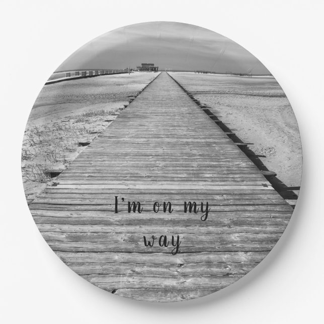I'm on my way to the beach black and white photo paper plates (Front)