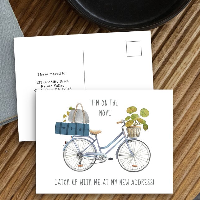 I'm on the Move Bike and Luggage Funny Moving Announcement Postcard (New Address postcard with whimsical bicycle theme)