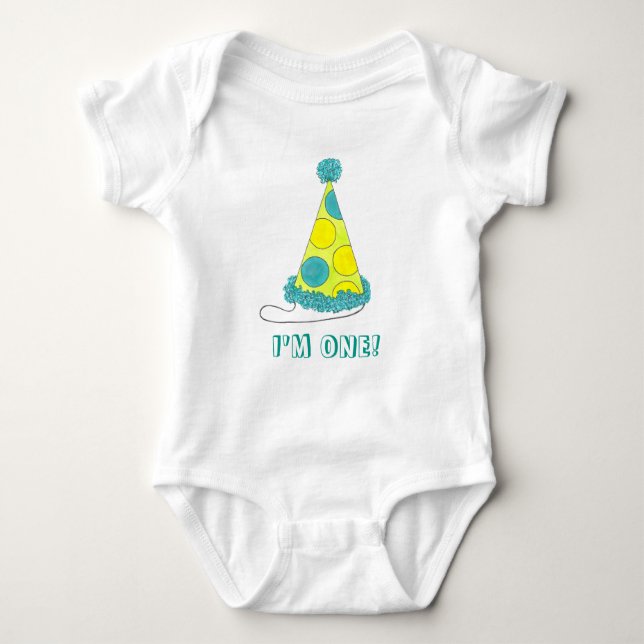 I'M ONE Baby's First 1st Birthday Bday Party Hat Baby Bodysuit (Front)