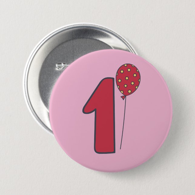 I'm One - Cute Balloon Pink & Red 1st Birthday Button (Front & Back)