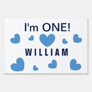 I'm ONE Cute Blue Hearts Custom Name 1 Year Old BZ Sign