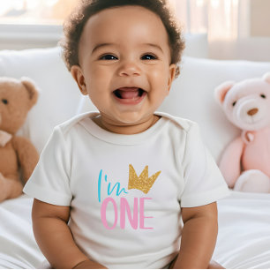 I'm one Gold glitter crown first birthday t-shirt  Baby Bodysuit