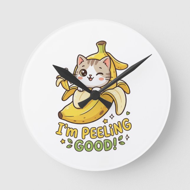 I'm Peeling Good - Funny Kawaii Banana Cat Pun Round Clock (Front)