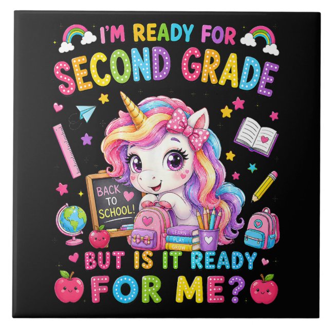 Im Ready for Second Grade Unicorn First Day Ceramic Tile (Front)