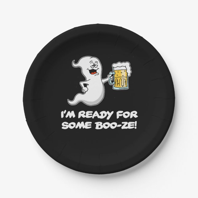 I'm Ready For Some Boo-ze Funny Ghost and Beer Paper Plates (Front)