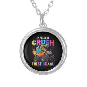 I'm Ready To Crush First Grade Dinosaur Truck Silver Plated Necklace