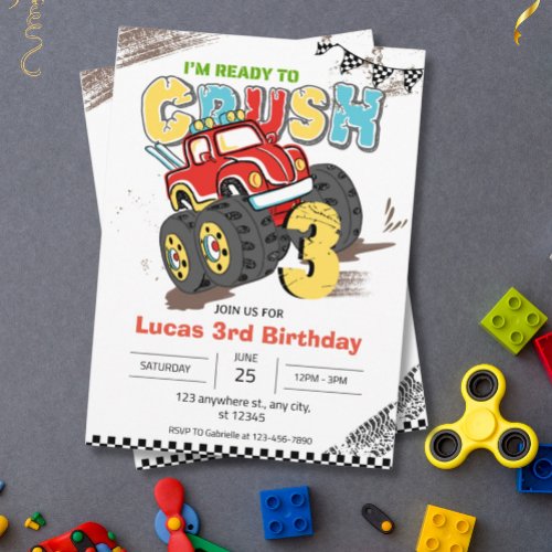Im Ready to Crush Monster Truck 3rd birthday Boy  Invitation