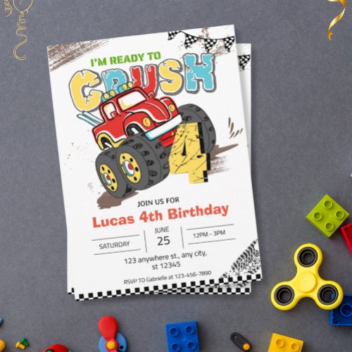 Im Ready to Crush Monster Truck 4th birthday Boy  Invitation