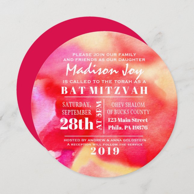 I'M RED WATERCOLOR  Bat Mitzvah Invitation (Front/Back)