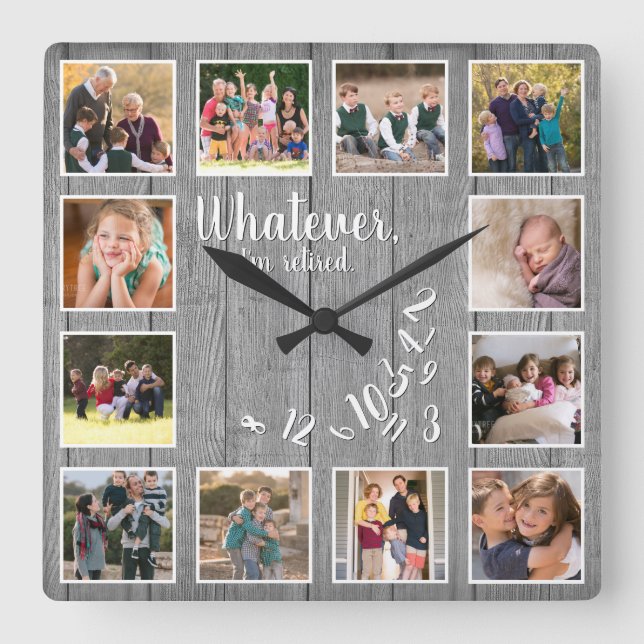 I'm Retired Photo Collage Rustic Wood Retirement Square Wall Clock (Front)