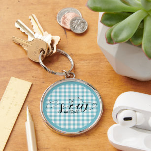 I'm Sew Awesome Blue Gingham Keychain
