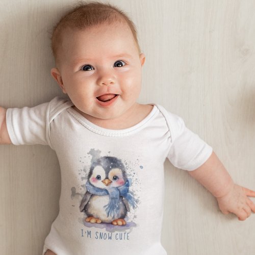 Im Snow Cute Watercolor Winter Holiday Penguin  Baby Bodysuit