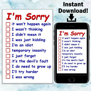 "I'm Sorry!" Check your Favorite Excuses! Card