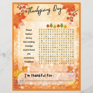I'M Thankful Thanksgiving Day Word Search Game