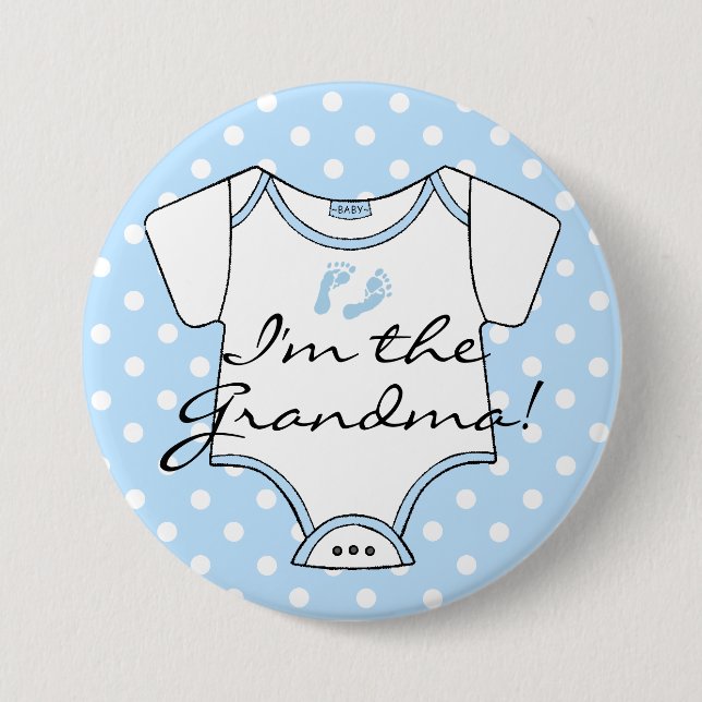 I'm The Grandma  Blue Baby Footprints Personalized Pinback Button (Front)