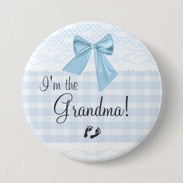 I'm The Grandma Blue Gingham and Bow White Lace Pinback Button (Front)