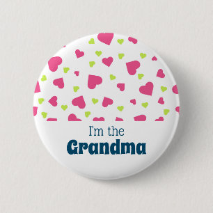 I'm the Grandma Pink and Green Hearts Pattern Button