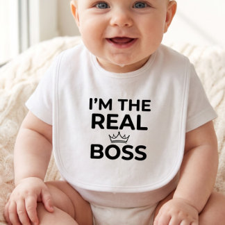 "I'm The Real Boss" Black Minimalist Funny Baby Bib