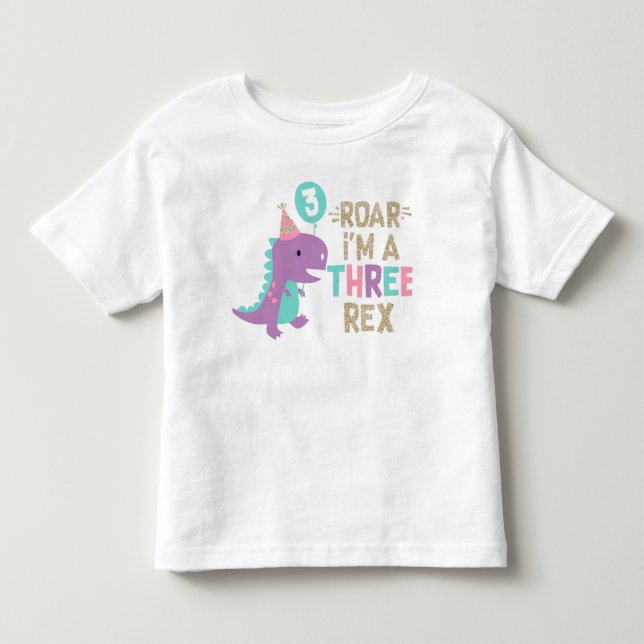 I'm Three Rex Girl Pink Dinosaur Faux Glitter Toddler T-shirt (Front)