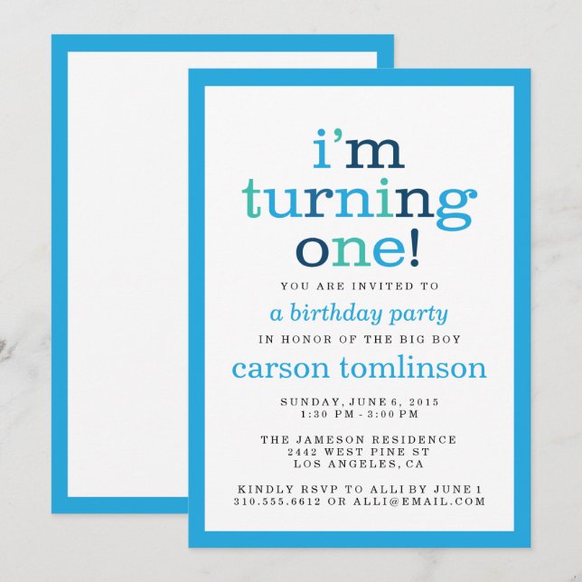 I'm Turning One! Blue Modern First Birthday Party Invitation (Front/Back)