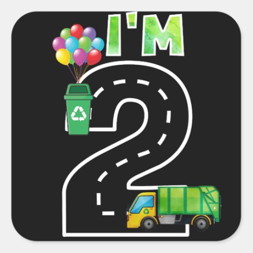 Im Two 2 Years Old Birthday Boy Garbage Truck Square Sticker
