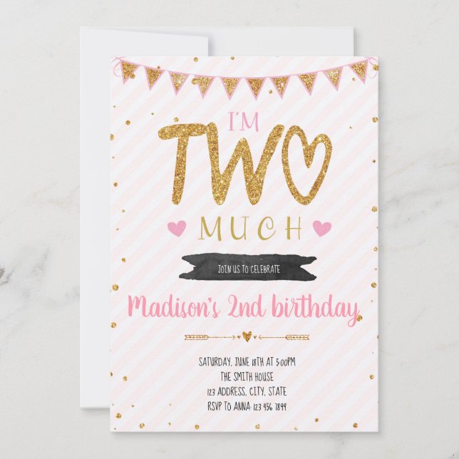 Im two much party birthday invitation (Front)