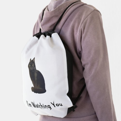 Im Watching You Ominous Staring Black Cat White Drawstring Bag