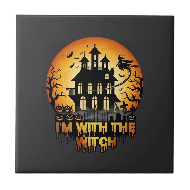 Im Witch Haunted House Full Moon Pumpkins Ceramic Tile (Front)