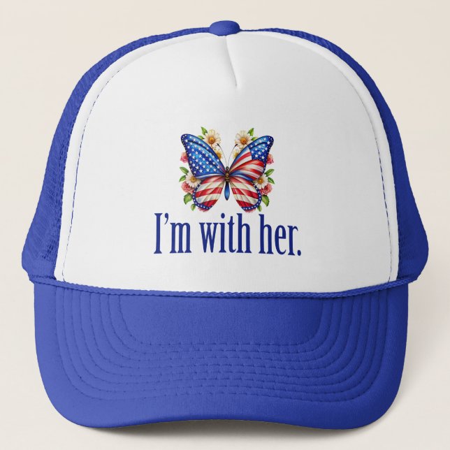 I'm With Her Cute Kamala Harris Butterfly Trucker Hat (Front)