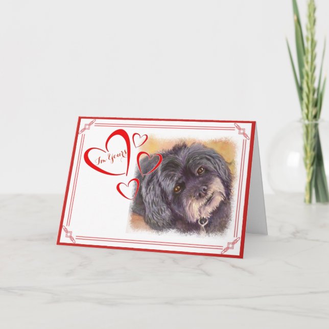 I'M YOURS VALENTINE CUTIE BLACK COCK-A-POO MIX HOLIDAY CARD (Front)