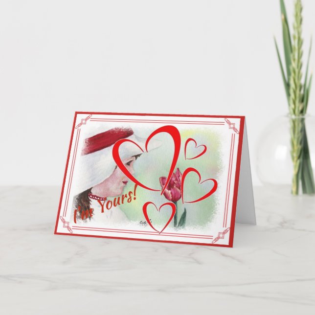 I'M YOURS VALENTINE GIRL WITH TULIP HOLIDAY CARD (Front)