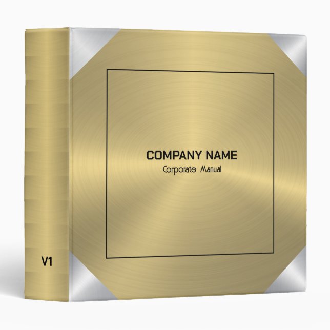 Image of a metallic gold with silver accents 3 ring binder (Front/Spine)