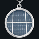 Image of a solar power panel funny silver plated necklace<br><div class="desc">Solar power photovoltaic panel to generate ecologically clean and renewable energy gadgets,  devices,  homes and streets. Deep blue and white colors. Prints and gifts for anyone. One of a kind funny silver plated necklace.</div>