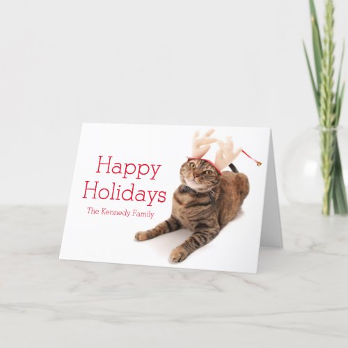 Image of a very cute little cat wearing reindeer holiday card