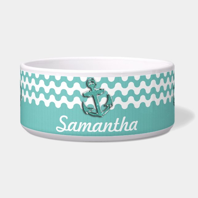 Image of Aqua Green Glitter Anchor on Wavy ZigZag Bowl (Front)