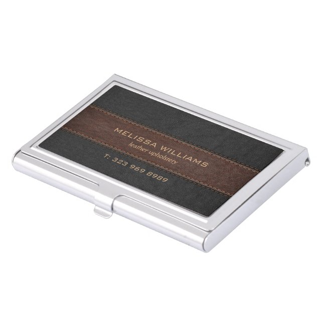 Image of black and brown stitched leather business card case (Front)