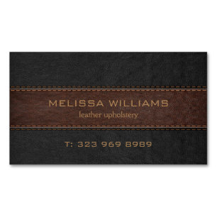 Image of black and brown stitched leather business card magnet