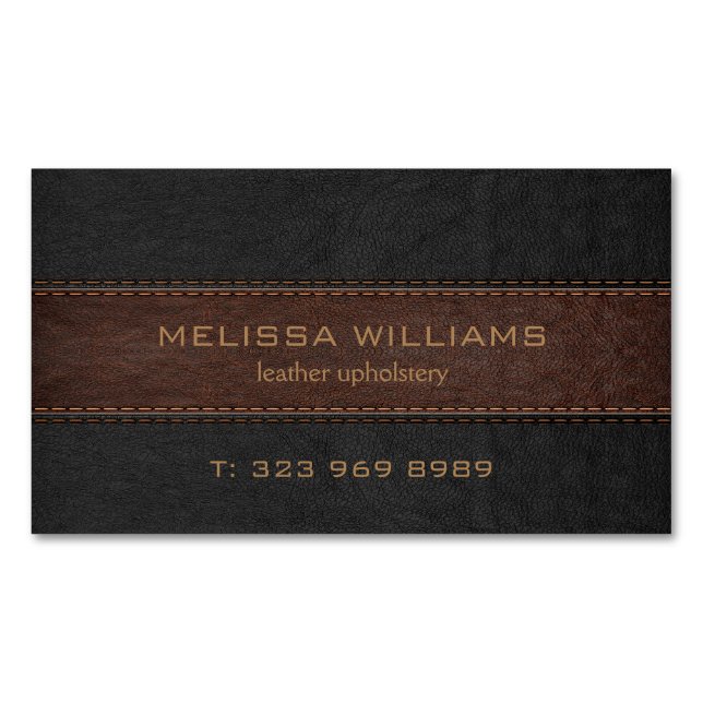 Image of black and brown stitched leather business card magnet (Front)