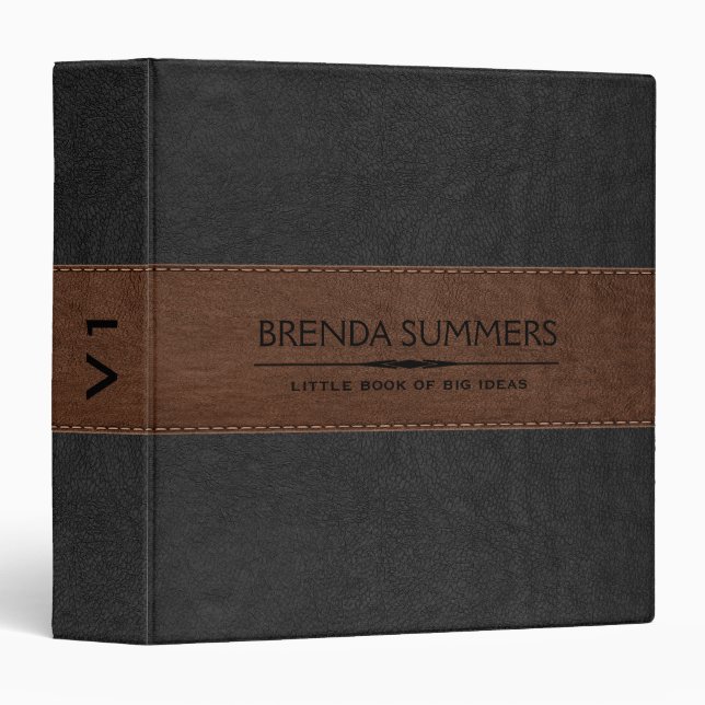 Image Of Black & Brown Stitched Leather Black 3 Ring Binder (Front/Spine)