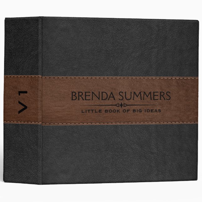 Image Of Black & Brown Stitched Leather Black 3 Ring Binder (Front/Spine)