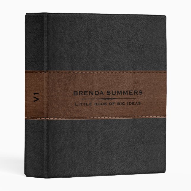 Image Of Black & Brown Stitched Leather Black Mini Binder (Front/Spine)