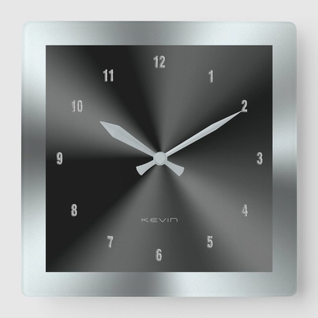 Image of Black & Silver & Metallic Stainless Steel Square Wall Clock (Front)