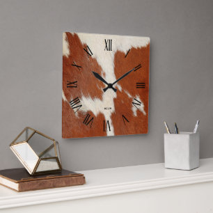 Image of brown and white cowhide square wall clock
