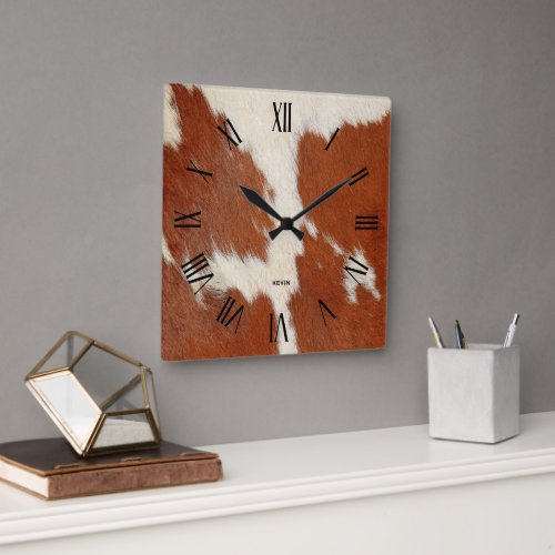 Image of brown and white cowhide square wall clock