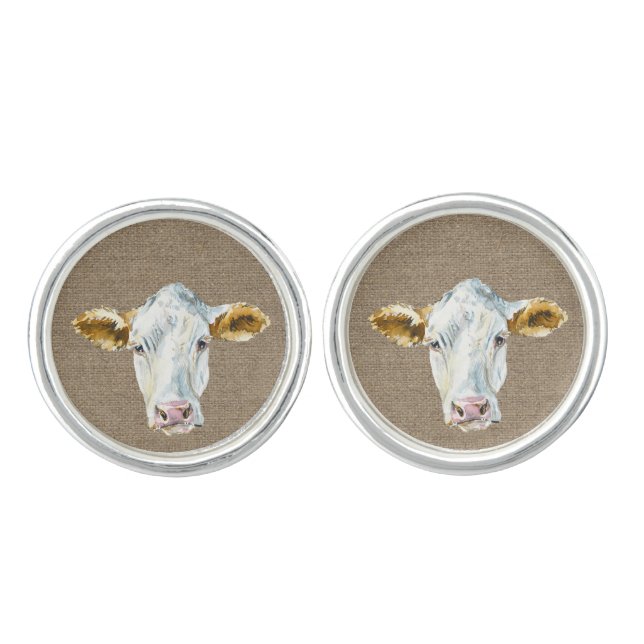 Image of Cow Cufflinks with Burlap Background (Front)