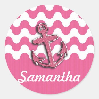 Image Of Glitter Anchor Monogogram Pink And White Classic Round Sticker by ChicPink at Zazzle