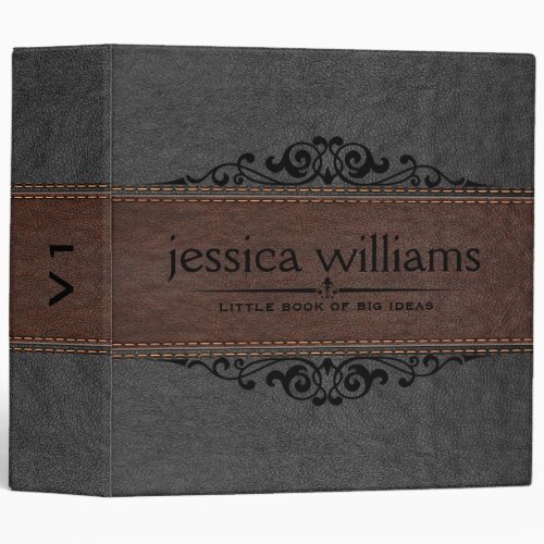 Image of Gray  Brown Leather Decorative Element 3 Ring Binder