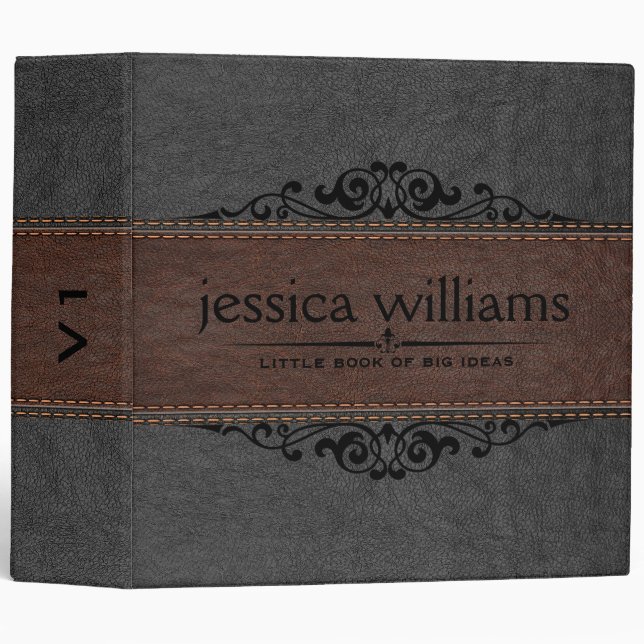 Image of Gray & Brown Leather Decorative Element 3 Ring Binder (Front/Spine)