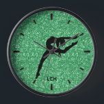 Image of green glitter black silhouette dancer clock<br><div class="desc">Image of sparkling green glitter texture background with black silhouette female dancer. Optional monogram.</div>