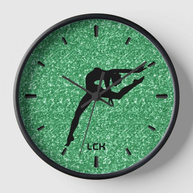 Image of green glitter black silhouette dancer clock (Front)